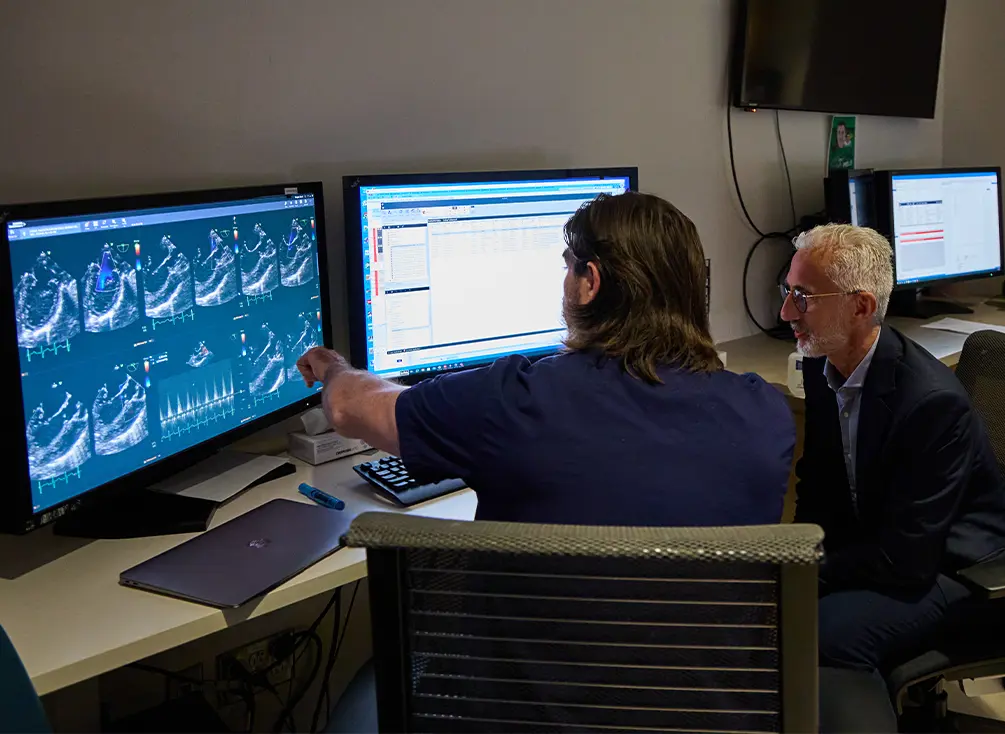 Dr. Luc Mertens and his research assistant studying  their computers.